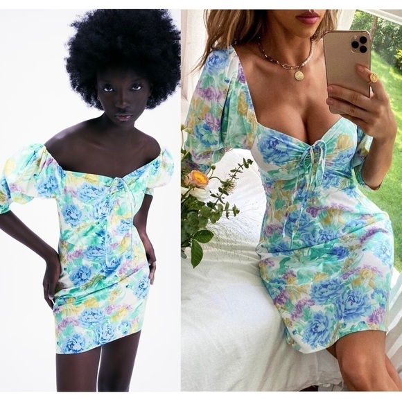 NEW ZARA Floral Off Shoulder Sweetheart Neck‎ Puff Short Sleeve Cotton Dress XS - Picture 5 of 10